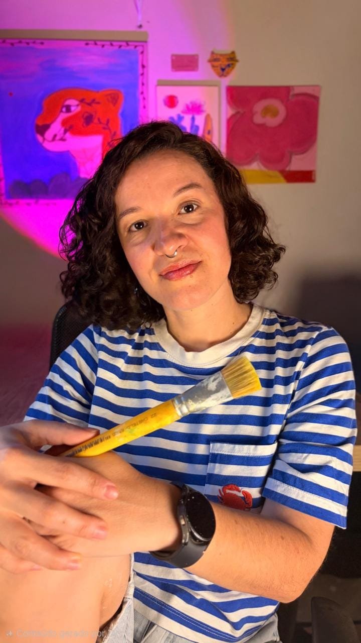 Elisa segurando um pincel de pintura
